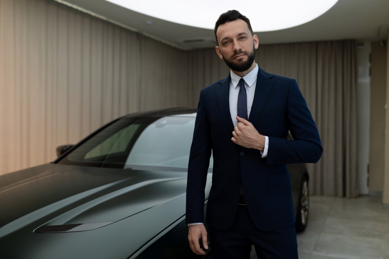 businessman in a suit next to an expensive luxury car