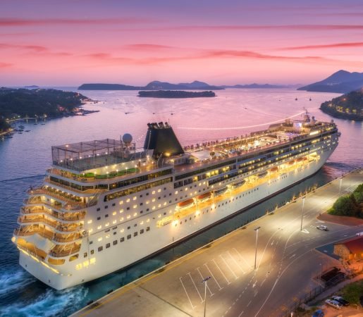 Aerial view of cruise ship in port at night in Dubrovnik Aerial view of cruise ship in port at night in Dubrovnik
